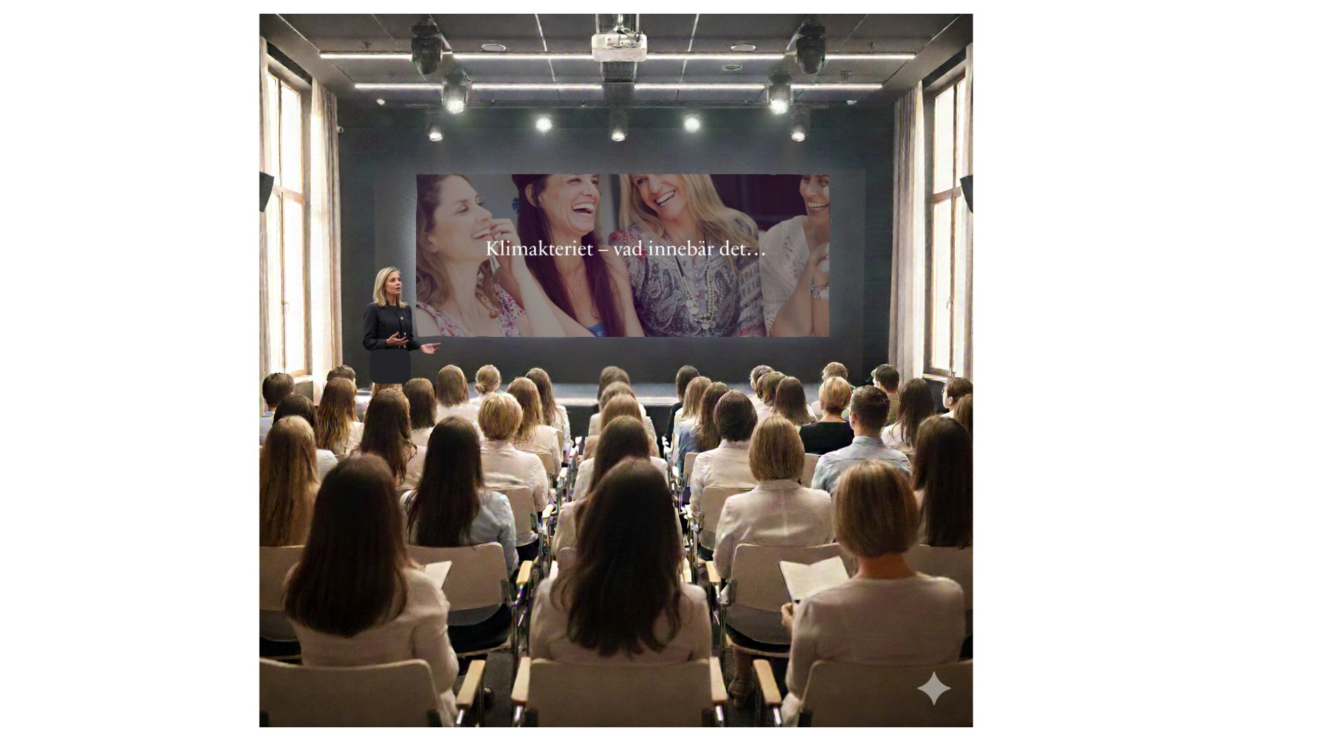 Föreläsare med publik i en större sal, föreläser om klimakteriet